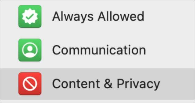 Botón Contenido y privacidad en la barra lateral de Screen Time2