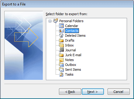 Option d'exportation des contacts