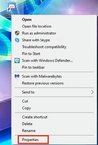 Kliknite na Lastnosti aplikacije Discord