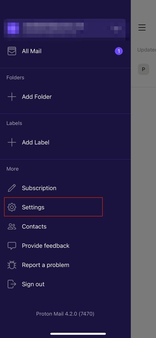 tangkapan layar menampilkan tab menu di protonmail untuk ios