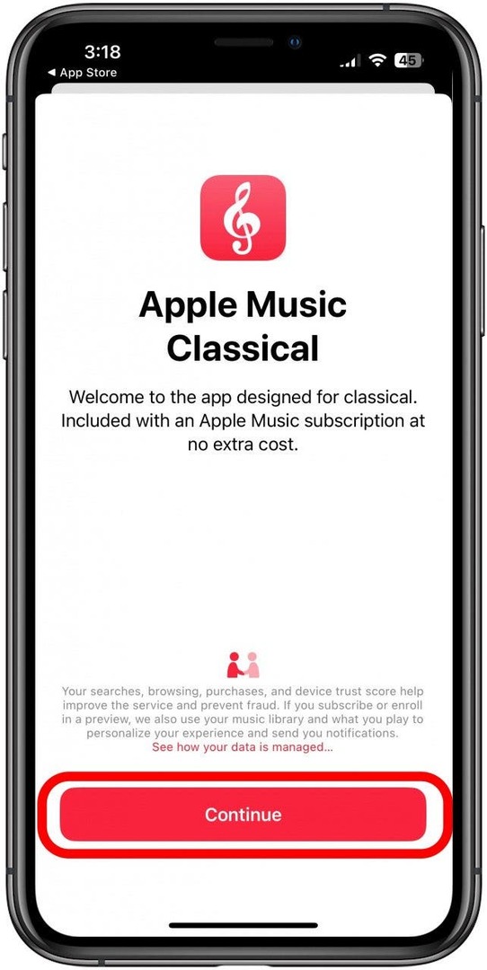 dodirnite nastavi za otvaranje aplikacije Apple Music Classical