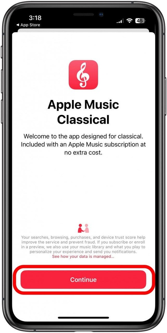 atingeți Continuați pentru a deschide aplicația Apple Music clasică