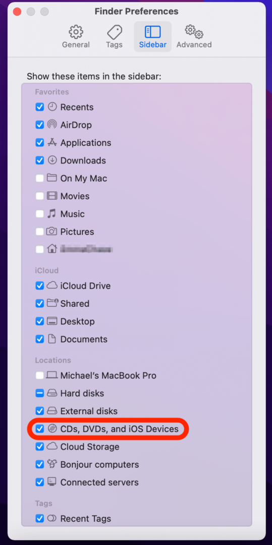 Napsauta CD-, DVD- ja iOS-laitteiden vieressä olevaa valintaruutua nähdäksesi kuinka iphone linkitetään Maciin