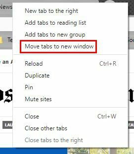 Perkelkite skirtukus į kitą „Chrome“ langą