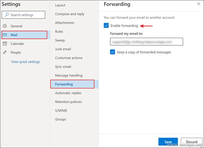 تمكين إعادة التوجيه في Outlook للويب