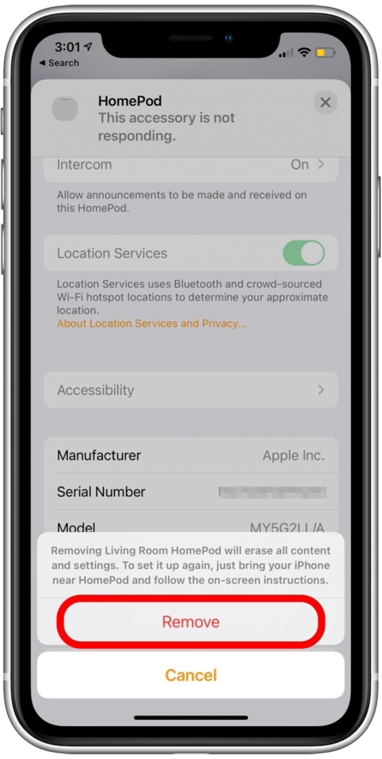 Tocca Rimuovi per confermare la rimozione dell'HomePod dall'app Home