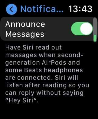 Opțiunea Apple Watch Announce Messages