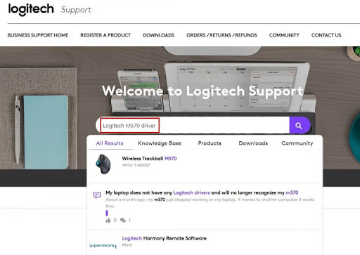 Digita il driver Logitech M570 nella barra di ricerca