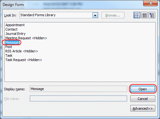 Opțiunea de formular de mesaj Outlook 2010