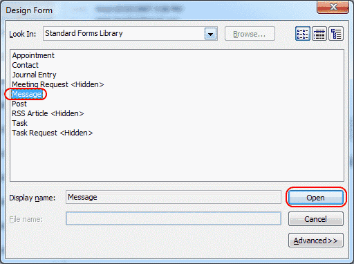 Option de formulaire de message Outlook 2010