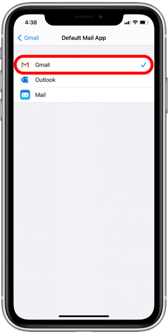 Када се изабере нова подразумевана апликација за е-пошту, она ће имати плаву квачицу поред ње