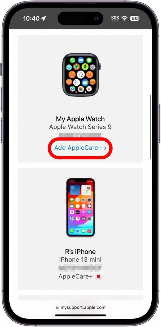 iphone safari уеб страница mysupport.apple.com, показваща списък с устройства с икона за добавяне на applecare plus, оградена в червено