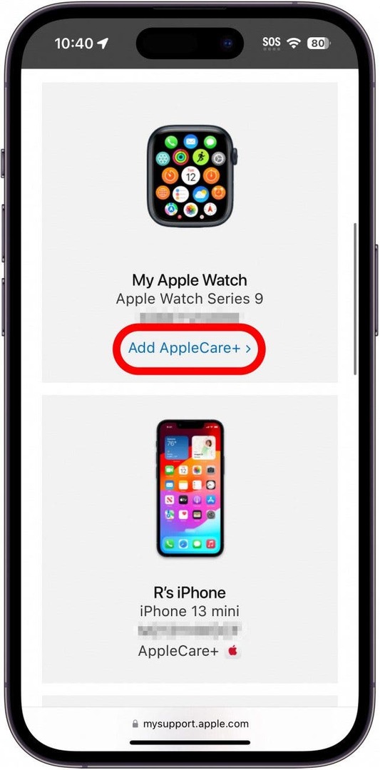 iphone safari web stranica mysupport.apple.com prikazuje popis uređaja s ikonom add applecare plus zaokruženom crvenom bojom