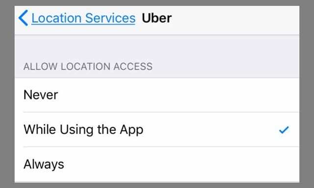 Serviços de localização definidos para ao usar o aplicativo