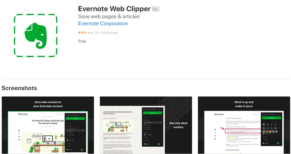 Primer najboljše razširitve Safari Evernote Web Clipper