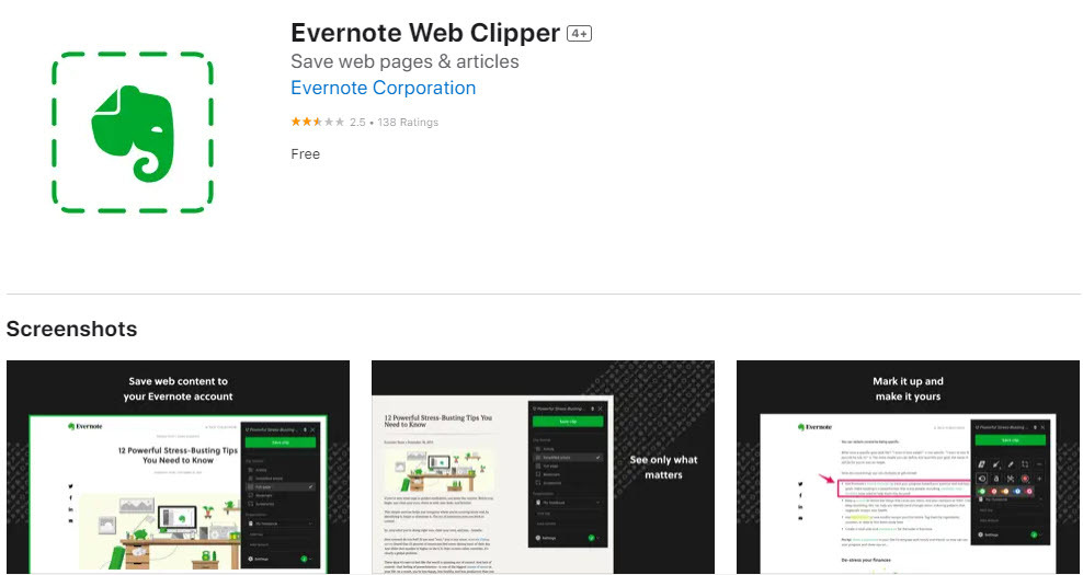 Un exemple des meilleures extensions Safari Evernote Web Clipper