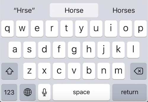 Screenshot einer iOS-Tastatur mit drei Autokorrekturvorhersagen: " Hrse", Horse und Horses