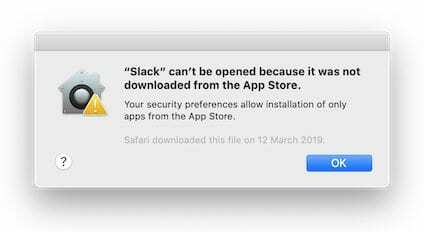 Skärmdump av ett felfönster som säger att en app inte kan öppnas