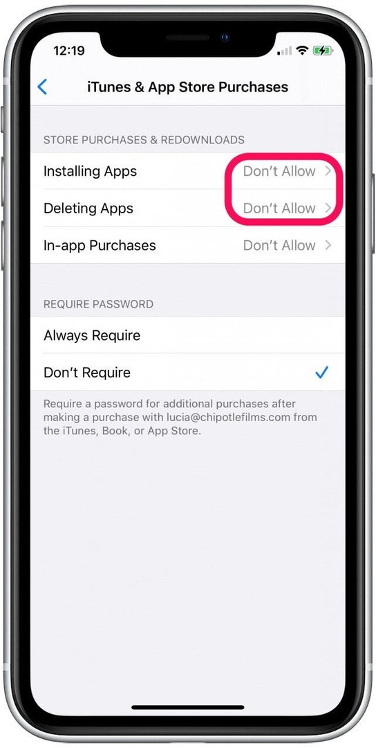 Jika Memasang Aplikasi dan atau Menghapus Aplikasi mengatakan " Jangan Izinkan", ketuk aplikasi tersebut untuk mengubah pengaturan ini.