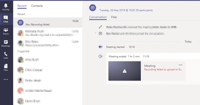 A Microsoft Teams értekezlet-felvételét nem sikerült feltölteni az adatfolyamba