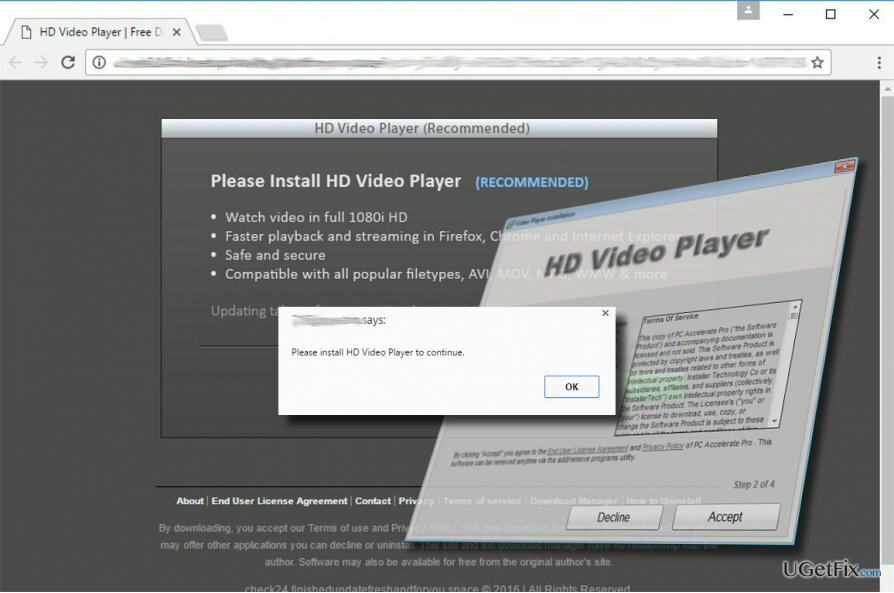 obrázek vyskakovacího okna „Nainstalujte si prosím HD Video Player“.
