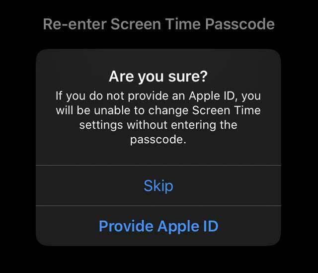 שחזור קוד סיסמה לזמן מסך עם Apple ID ששואל האם אתה בטוח?