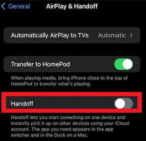 Devam etmek ve Handoff'u kapatmak için Airplay ve Handoff
