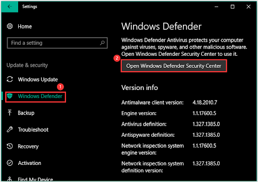 Abra el Centro de seguridad de Windows Defender