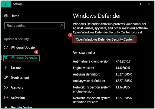 Ouvrez le Centre de sécurité Windows Defender