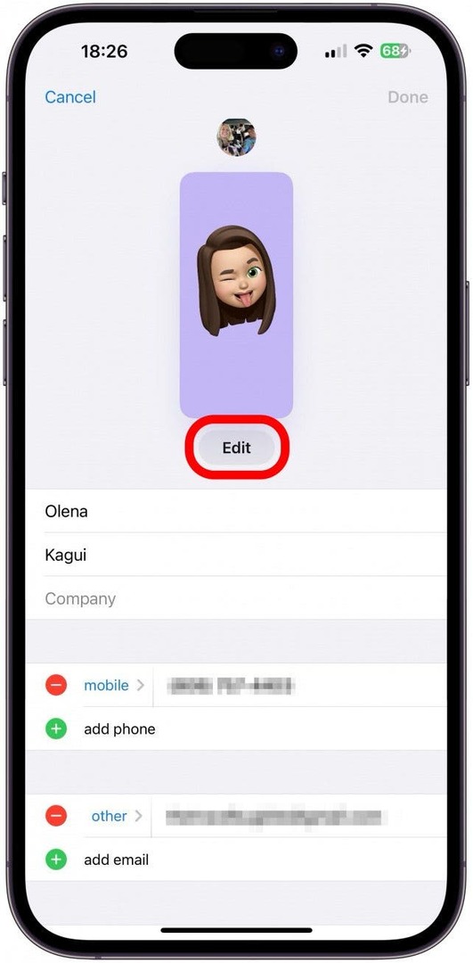 Tada bakstelėkite Redaguoti, kad tinkintumėte savo kontaktų plakatą ir kontaktinę nuotrauką.