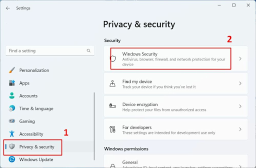 Gizlilik ve güvenlik bölümünde Windows Güvenliği'ni seçin