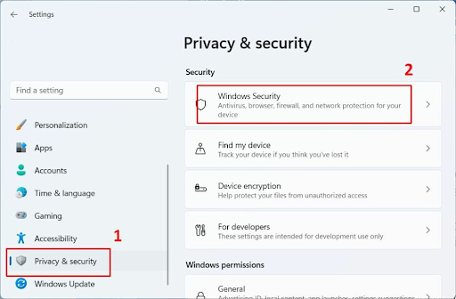 Sélectionnez Sécurité Windows dans la section Confidentialité et sécurité