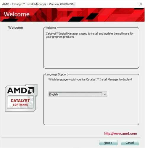 Izberite želeni jezik za namestitev programa AMD Catalyst Install Manager