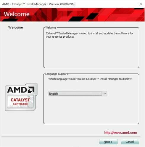 Изберете предпочитания език за инсталиране на AMD Catalyst Install Manager