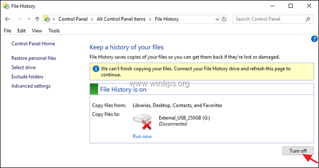 फ़ाइल इतिहास बंद करें