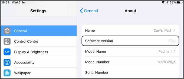 Version du logiciel iPad iOS dans les paramètres