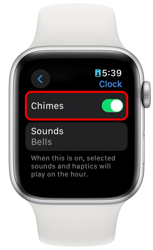 Ustawienia zegara Apple Watch z przełącznikiem dzwonków zakreślonym na czerwono