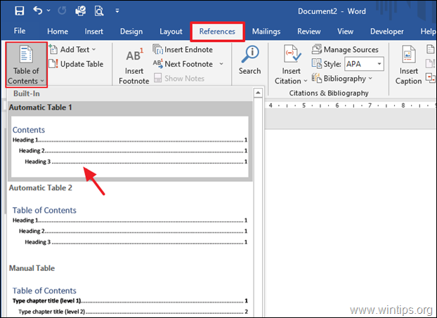 Tambahkan daftar isi otomatis di Word