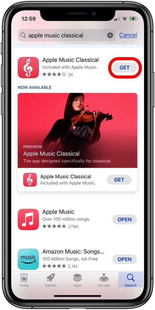 tocca Ottieni per scaricare l'app Apple Music Classic