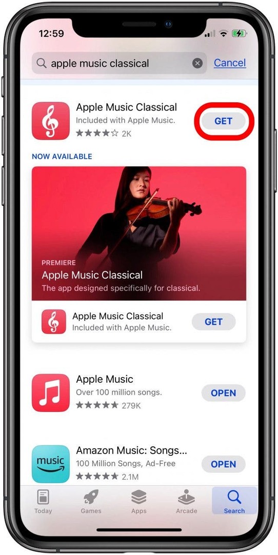 「入手」をタップして、Apple Music Classic アプリをダウンロードします