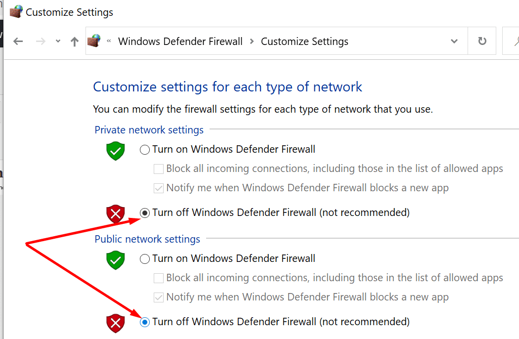 отключить брандмауэр защитника Windows