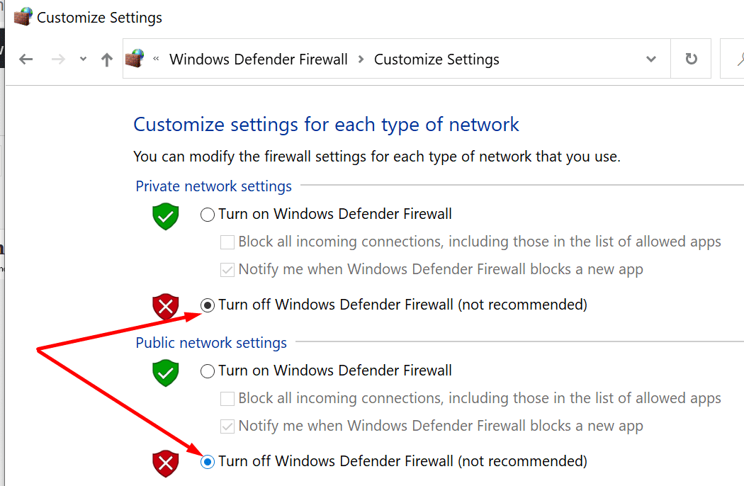 قم بإيقاف تشغيل جدار حماية Windows defender