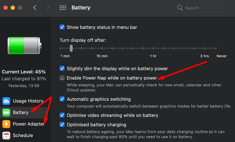 impostazioni della batteria macos