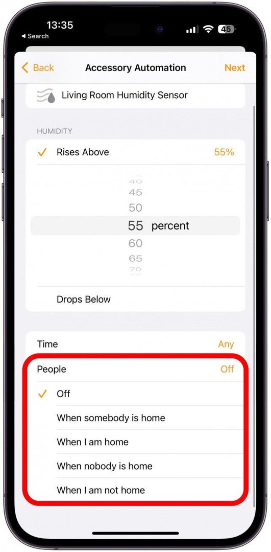 אם תקיש על כבוי ליד אנשים, תוכל לבחור שהאוטומציה תתרחש רק אם אף אחד לא נמצא בבית, למשל.