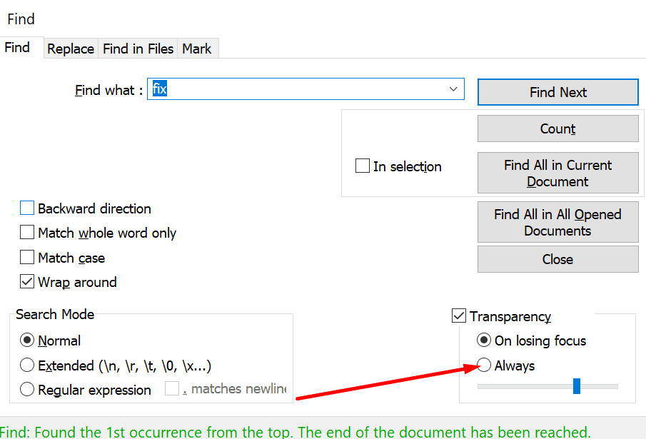 notepad++ läbipaistvuse seaded