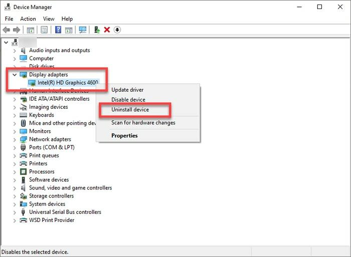 Desinstalar el dispositivo de visualización del Administrador de dispositivos