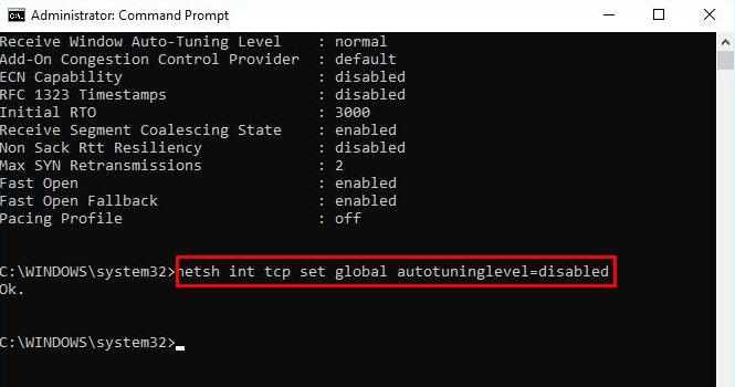 netsh int tcp set global autotuningleveldisabled cmd