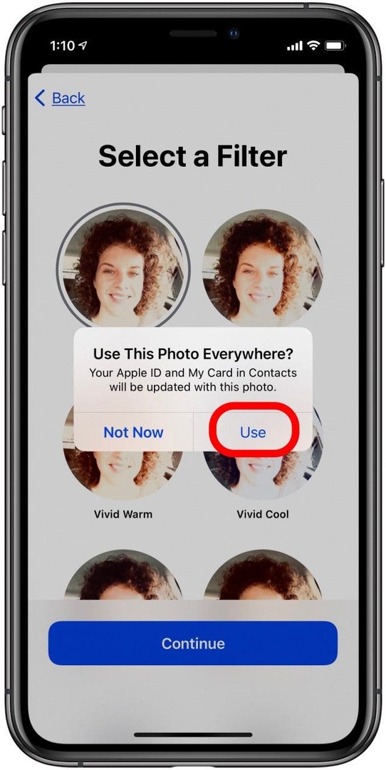 הקש על השתמש כדי להשתמש בסמל החדש שלך עבור מזהה Apple וכרטיס איש הקשר שלך