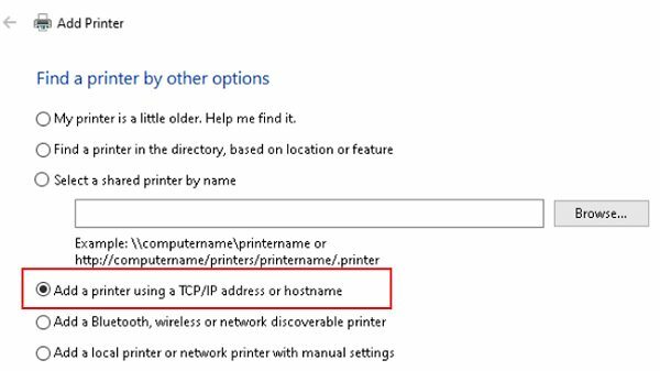 lisää tulostin käyttämällä TPC-IP-osoitetta tai isäntänimeä