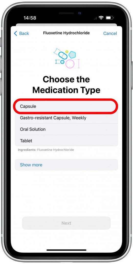 Doğru ilaç tipini seçmek için dokunun. İleri'ye dokunun.